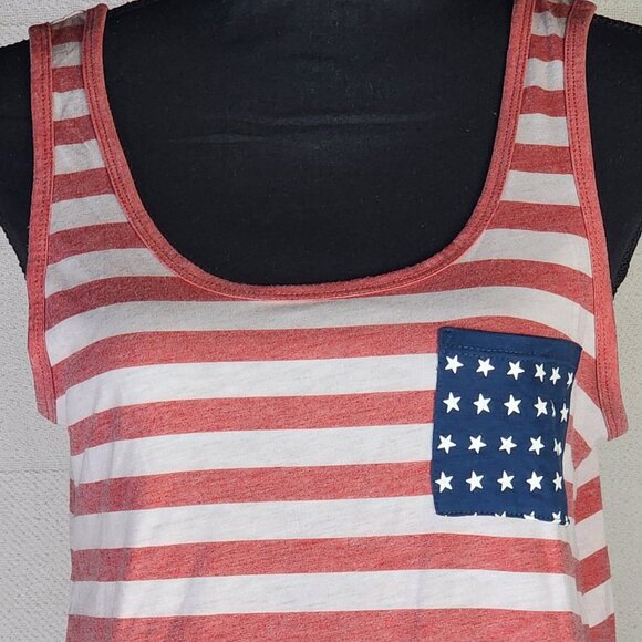 Fifth Sun Red White Stripe Blue Pocket with White Stars Poly Rayon Tank Top Sz L - Picture 2 of 16